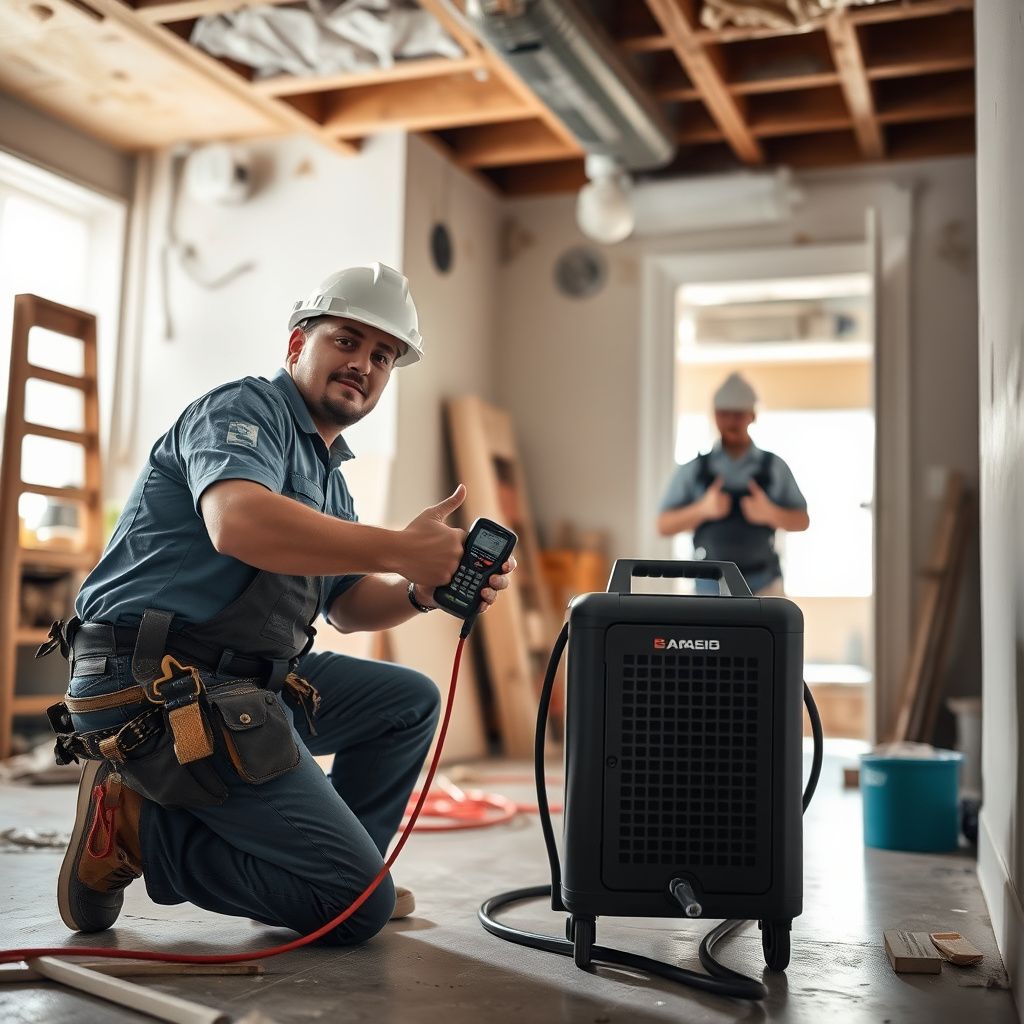 A certified mold remediation technician explaining the process to a homeowner in a clean, restored living room in The Colony, Texas.