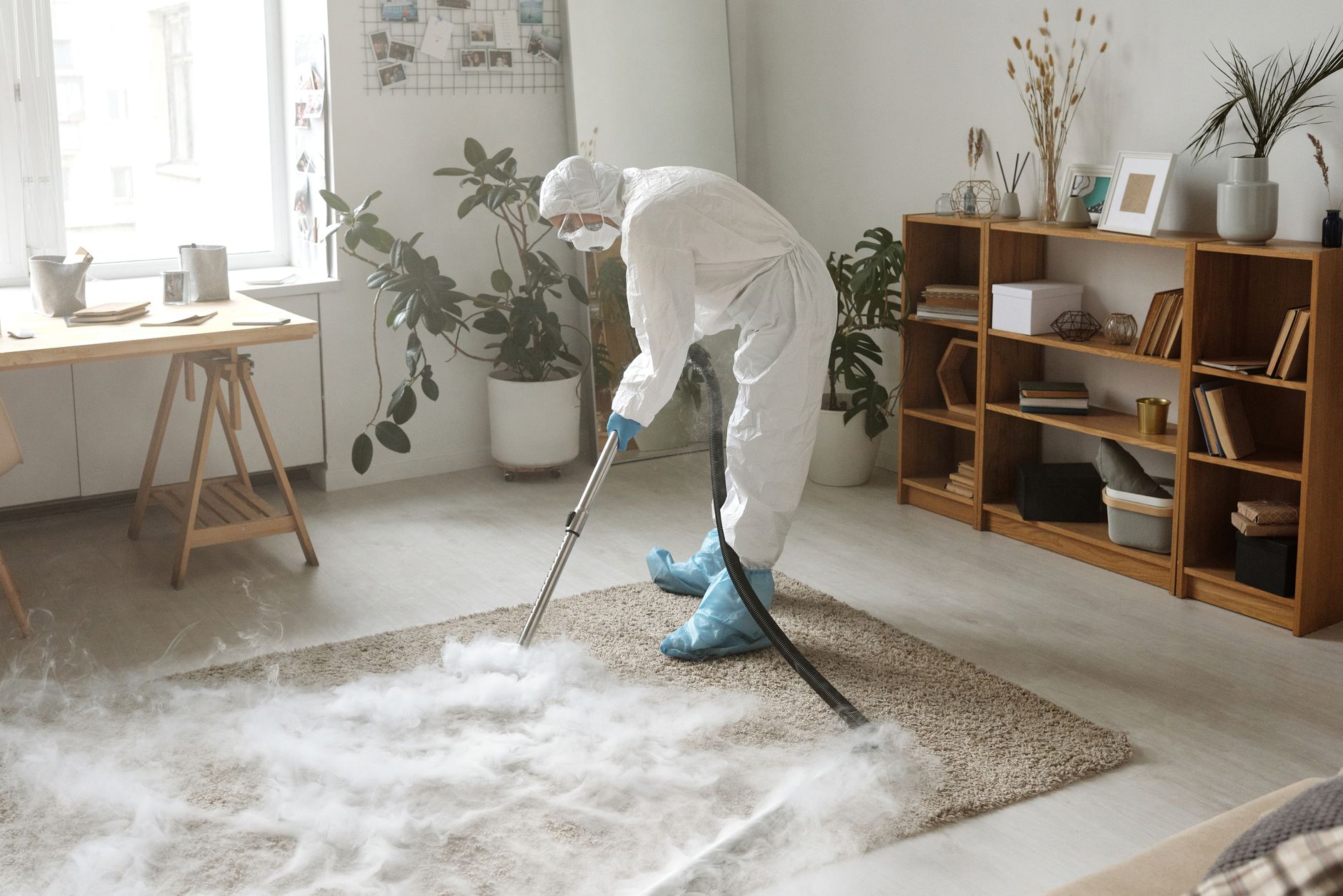A certified mold remediation specialist explaining the process to a homeowner in a clean, restored room in Carrollton.